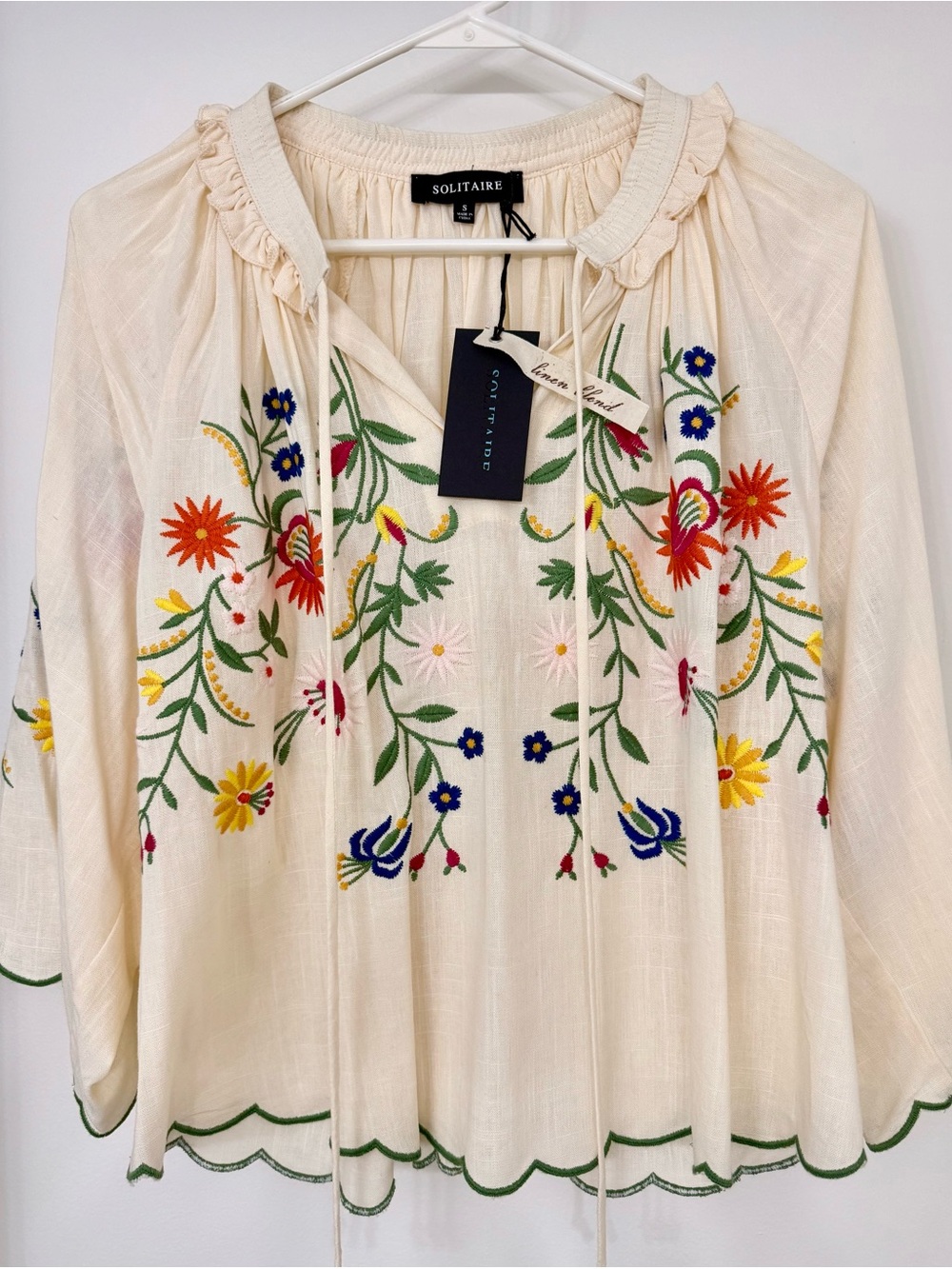 Solitaire Cream Peasant Blouse with Bright Floral Embroidery